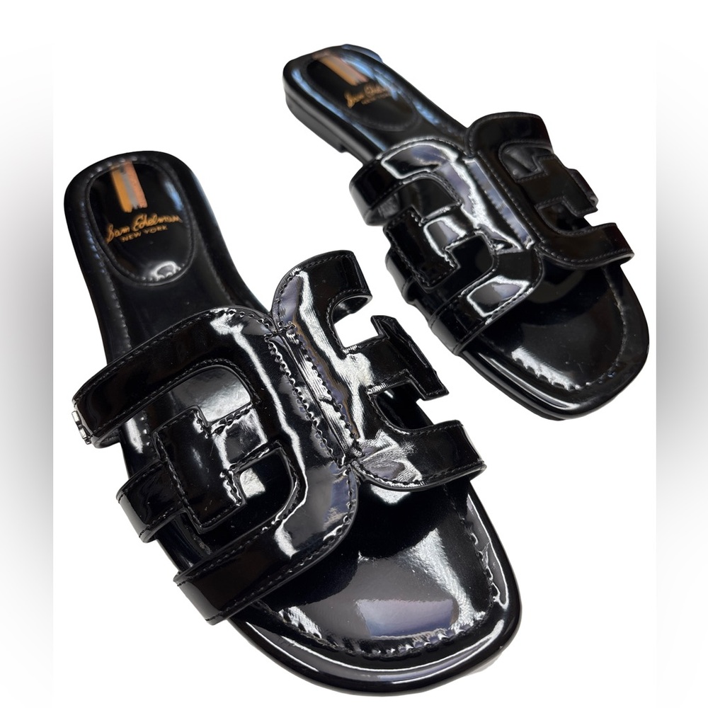 Sam Edelman Bay Glossy Black Strappy Slide Sandals 7.5